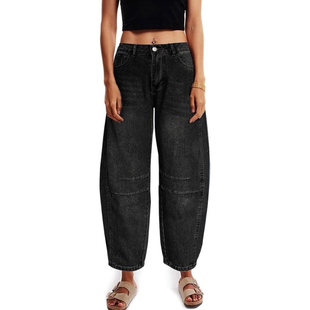 Wide Leg Barrel Black Women's Jeans - Casual High-Rise Style